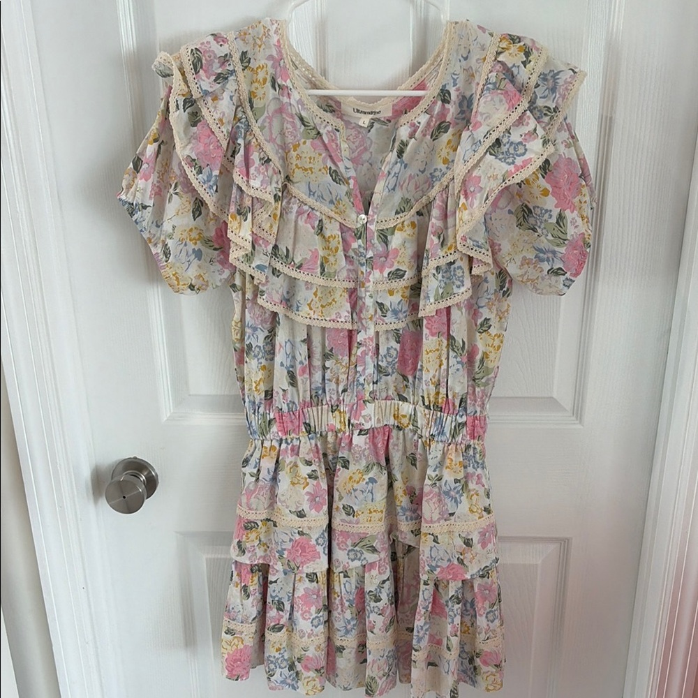 ultracor Cream Floral Ruffle Mini Dress with Pink and Yellow Accents